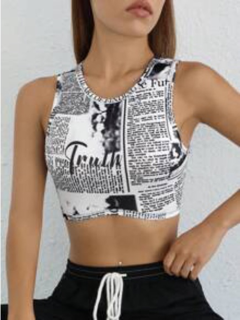 SHEIN Y2K Newspaper Print Graphic Crop Tank Top Black White Size S